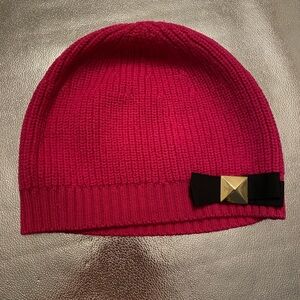 Kate Spade Pink Knit Beanie with Black Bow and Gold Accent